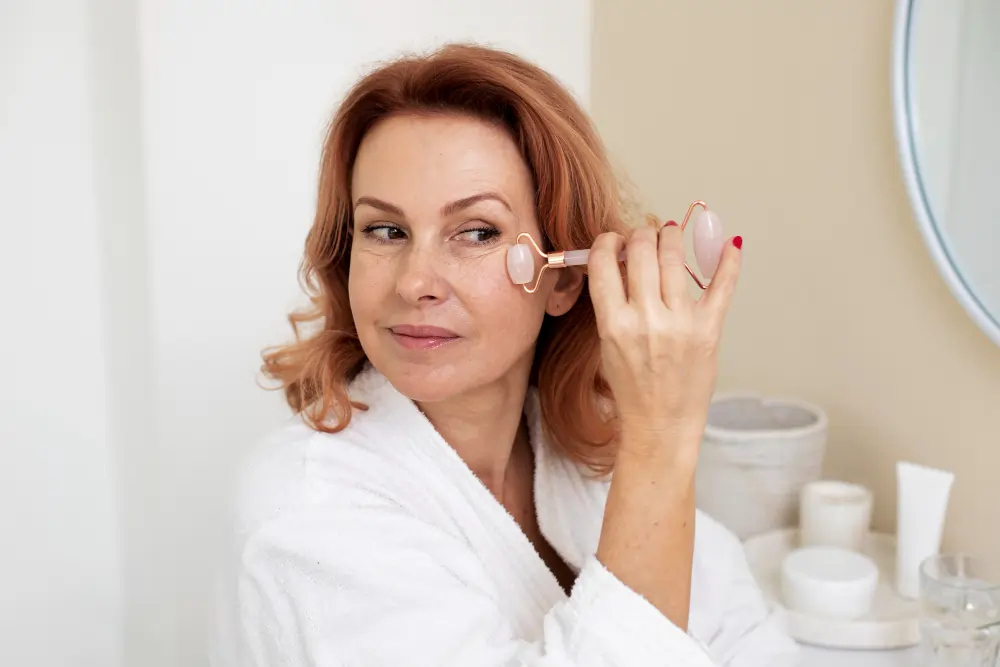 Woman using a facial roller as part of an Anti-Ageing Skincare Routine for healthier-looking skin.