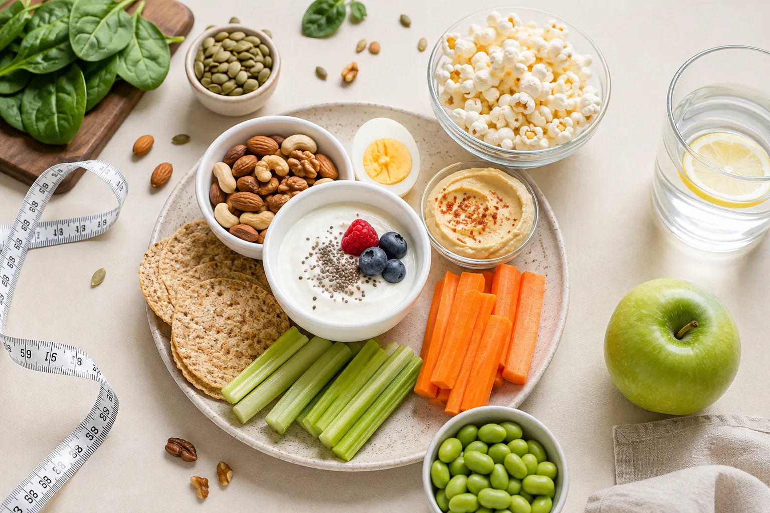 Healthy snacks for weight loss featuring Greek yogurt, berries, nuts, hummus, vegetables and popcorn for protein and fibre.