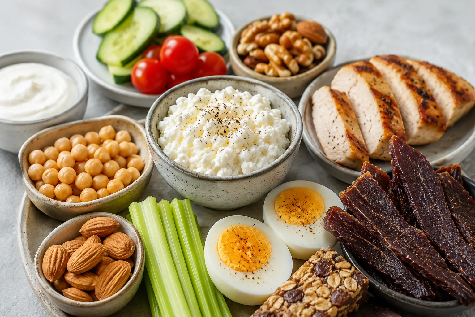 High-protein, low-calorie snacks featuring cottage cheese, grilled chicken, boiled eggs, chickpeas, almonds, vegetables and jerky.